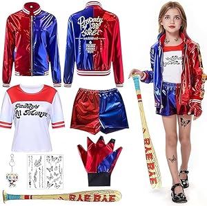 ZeiLaBang Kakadi Harley Quinn Kostüm Kinder,Harley Quinn Kostüm Damen,Mädchen Bösewicht Kit enthalten Jacke T-Shirt,Shorts und Handschuh Ballon Stick,Strümpfe Bundlefor Karneval Cosplay