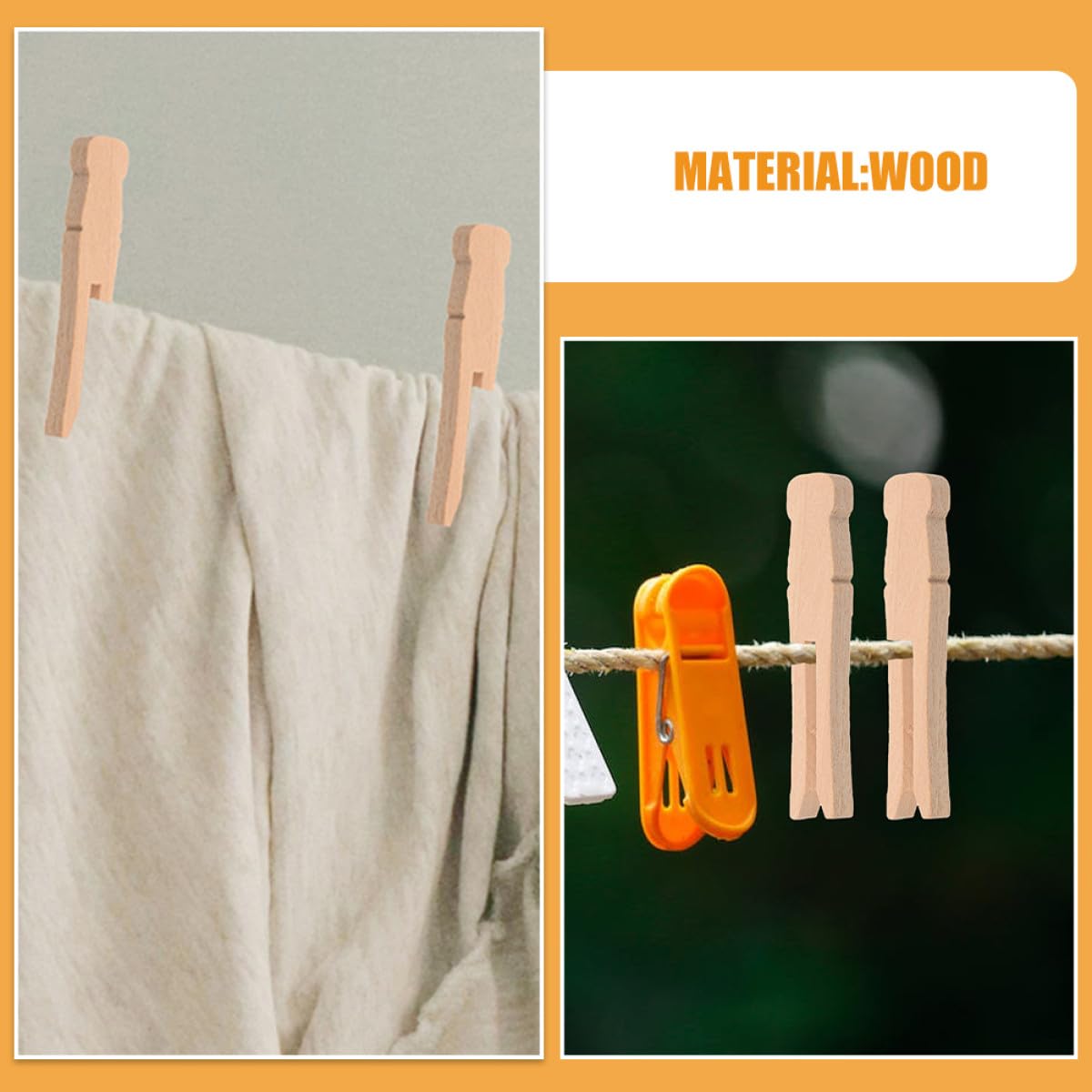 Pinzas de Madera Clásicas Redondas para Ropa, 100 Unidades