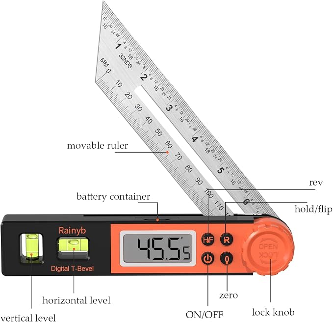 Transportador digital medidor ángulos 0-360° con burbuja y LCD miniatura 3