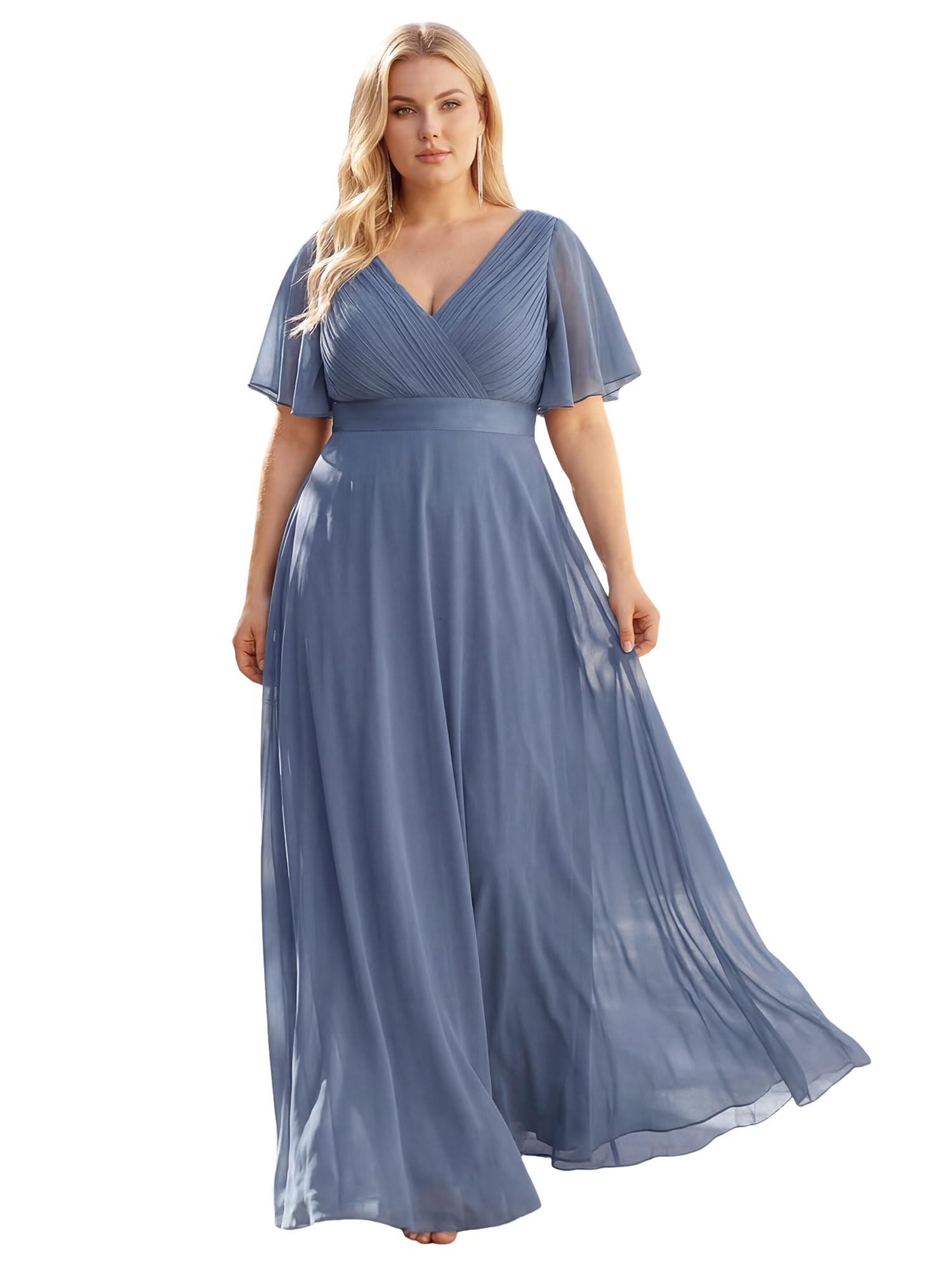Ever-Pretty Women's Chiffon Formal Evening Dresses for Curvy Women V-Neck Plus Size Floor Length Bridesmaid Dress