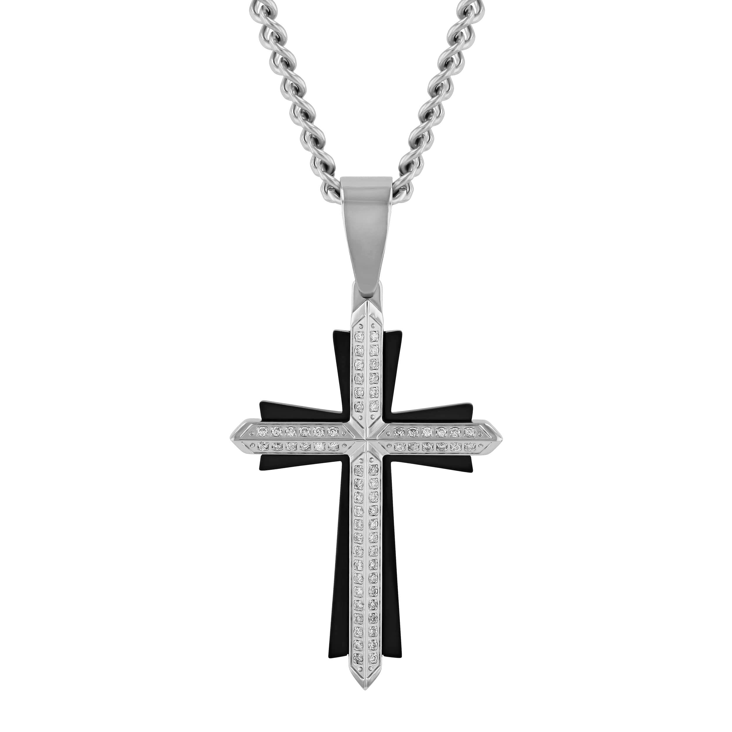 Men's Stainless Steel Diamond Pave Cross Pendant Necklace, Layered Design on 24” L316 Steel Cable Chain