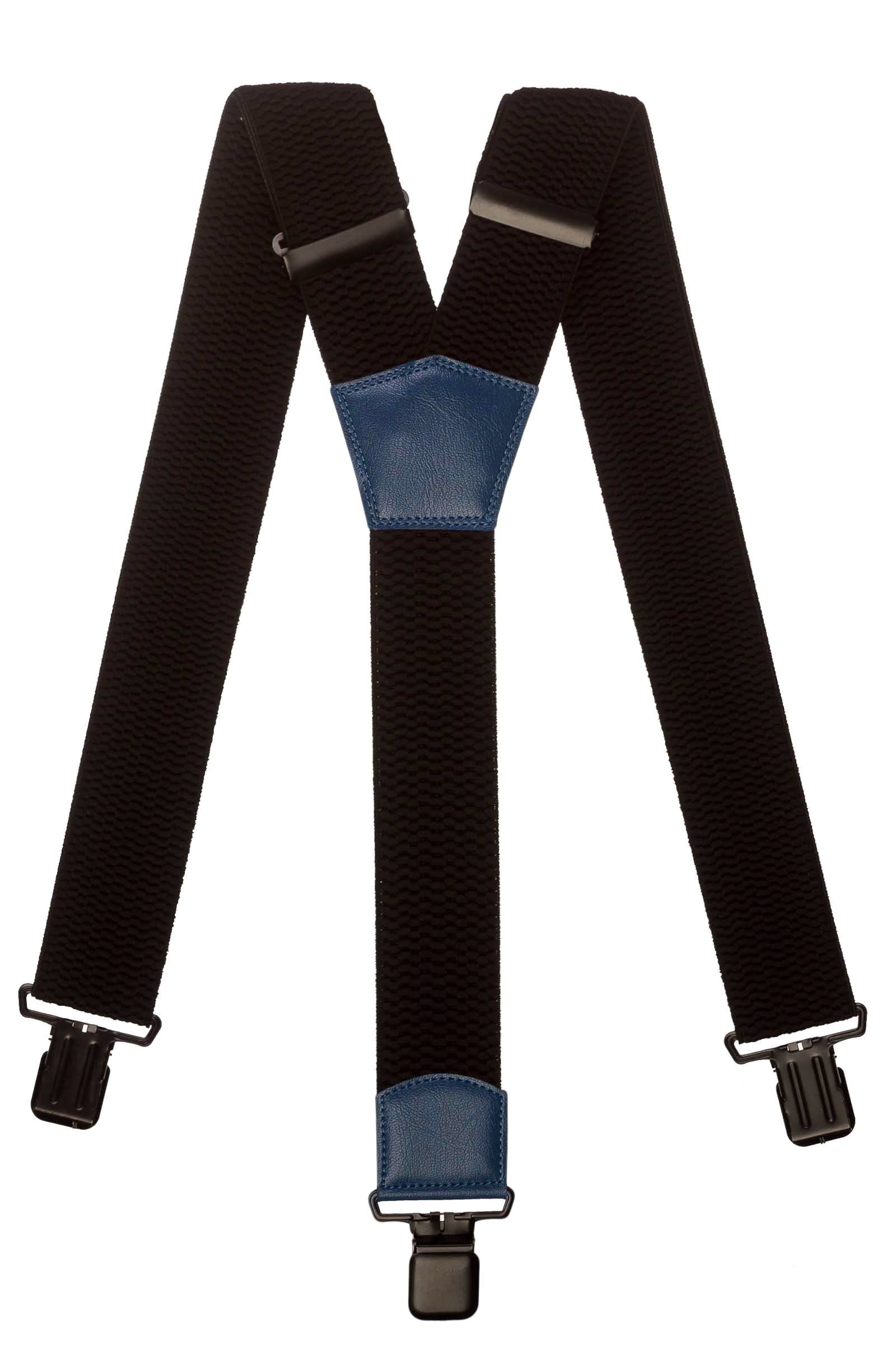 Olata Men's Heavy Duty Y-Shape Braces/Suspenders in Black with Coloured Leather - 5cm. Blue (Black Clips)