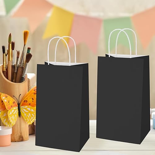 Miniatura 3 de MOORAY Paquete de 100 bolsas de papel pequeñas negras con asas a granel, bolsas de papel de regalo, 5.25 x 3.25 x 8.25 pulgadas, papel de estraza de