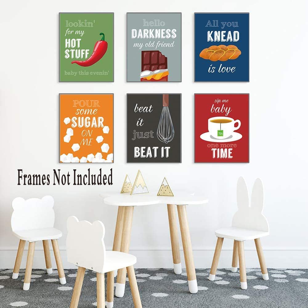 ZHAXFA Colorful Funny Kitchen Quote Art Print, Dessert Vegetables Tea with Motivational Saying Canvas Wall Art Printing For Kitchen Cofee Shop Decoration,Set of 6 (8"X10", No Frame