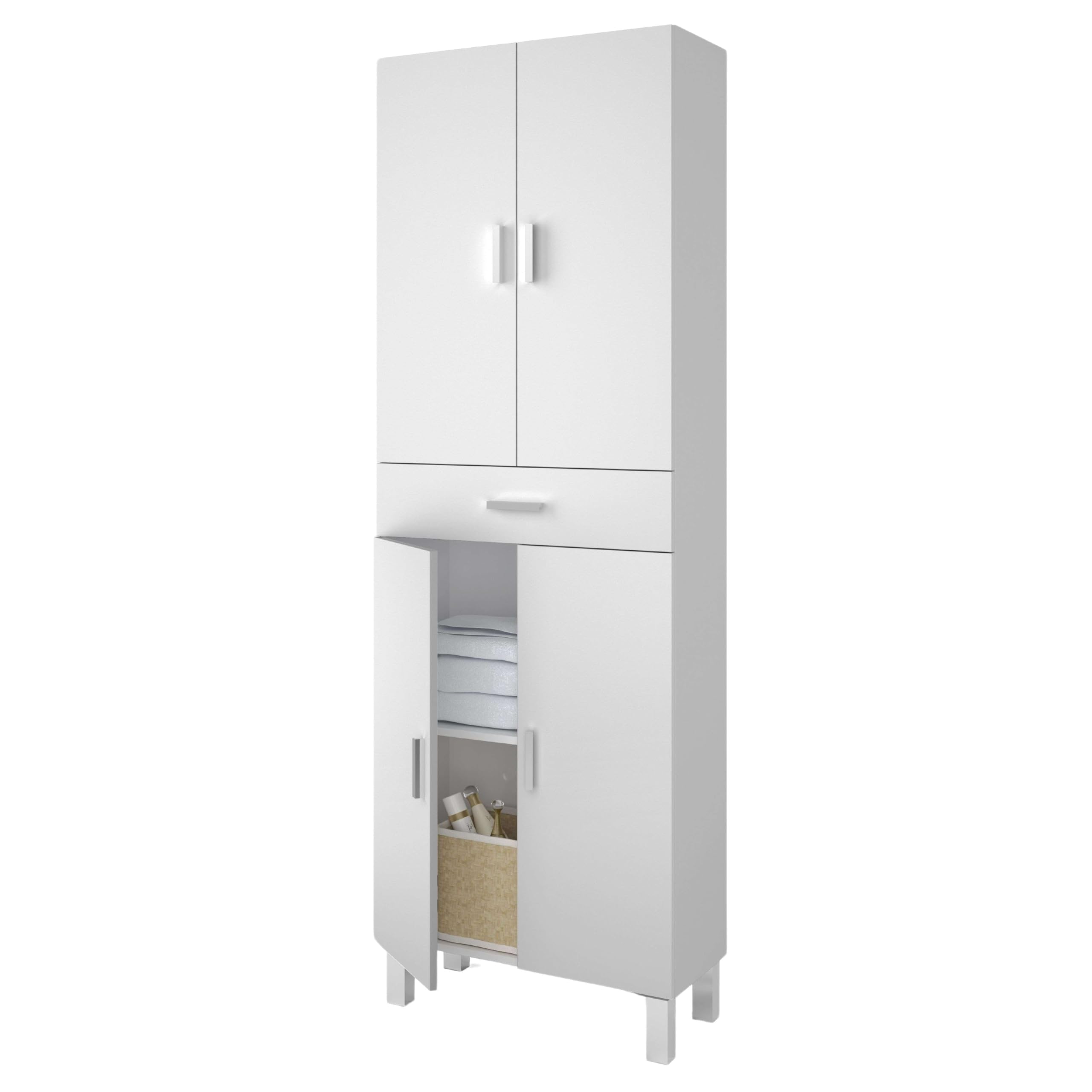 Miroytengo Mueble Auxiliar de Baño Galatea Blanco Brillo 60x182 cm Columna de Baño 4 Puertas, 1 Cajón y Estantes Regulables