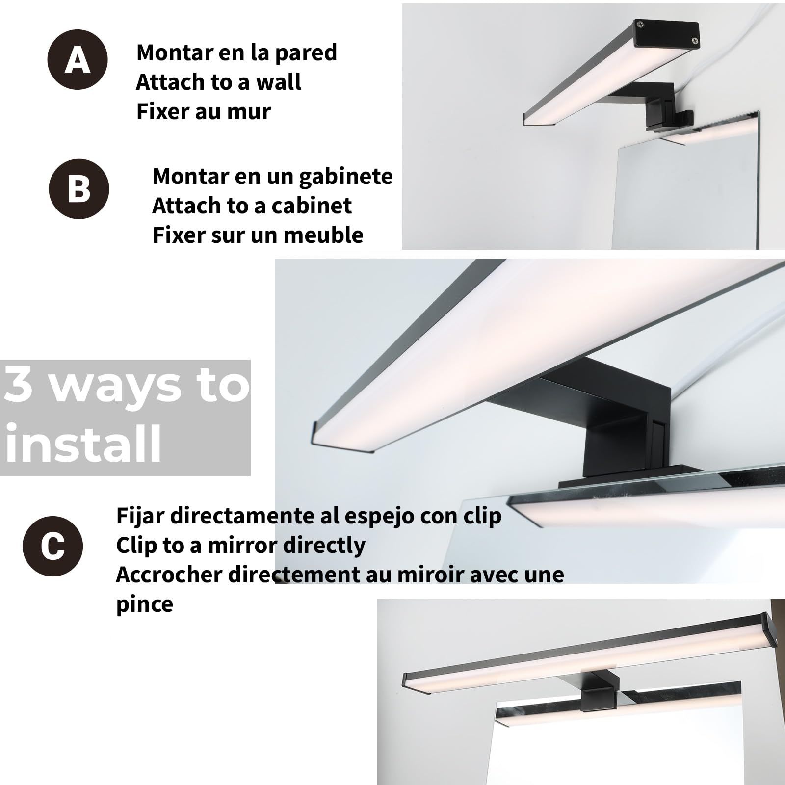 Alpinaluz Aplique LED para Espejo de Baño – Luz Blanca Neutra 4000K – IP44 – Carcasa de Aluminio y Soportes en Policarbonato Negro – Montaje en Espejo, Pared o Mueble (40cm 10W)