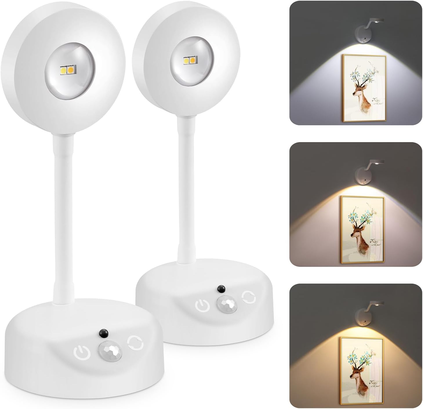 Motion Sensor Picture Light Battery Operated Spotlight with Remote, Rechargeable Battery Wall Sconces Picture Light 3 Colors Stick on Aent Lighting 360°Rotation for Art Painting Shelves