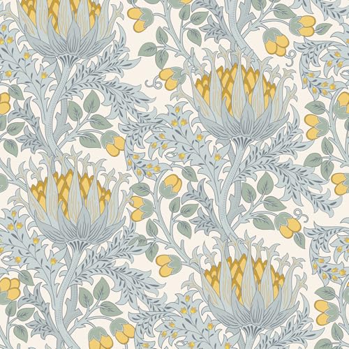 VEELIKE Yellow Grey Floral Wallpaper Self Adhesive William Morris Chrysanthemum Flower Wallpaper for Bedroom Bathroom 44.5 cm x 300 cm Removable Patterned Wall Paper Botanical Wall Mural Lining Paper