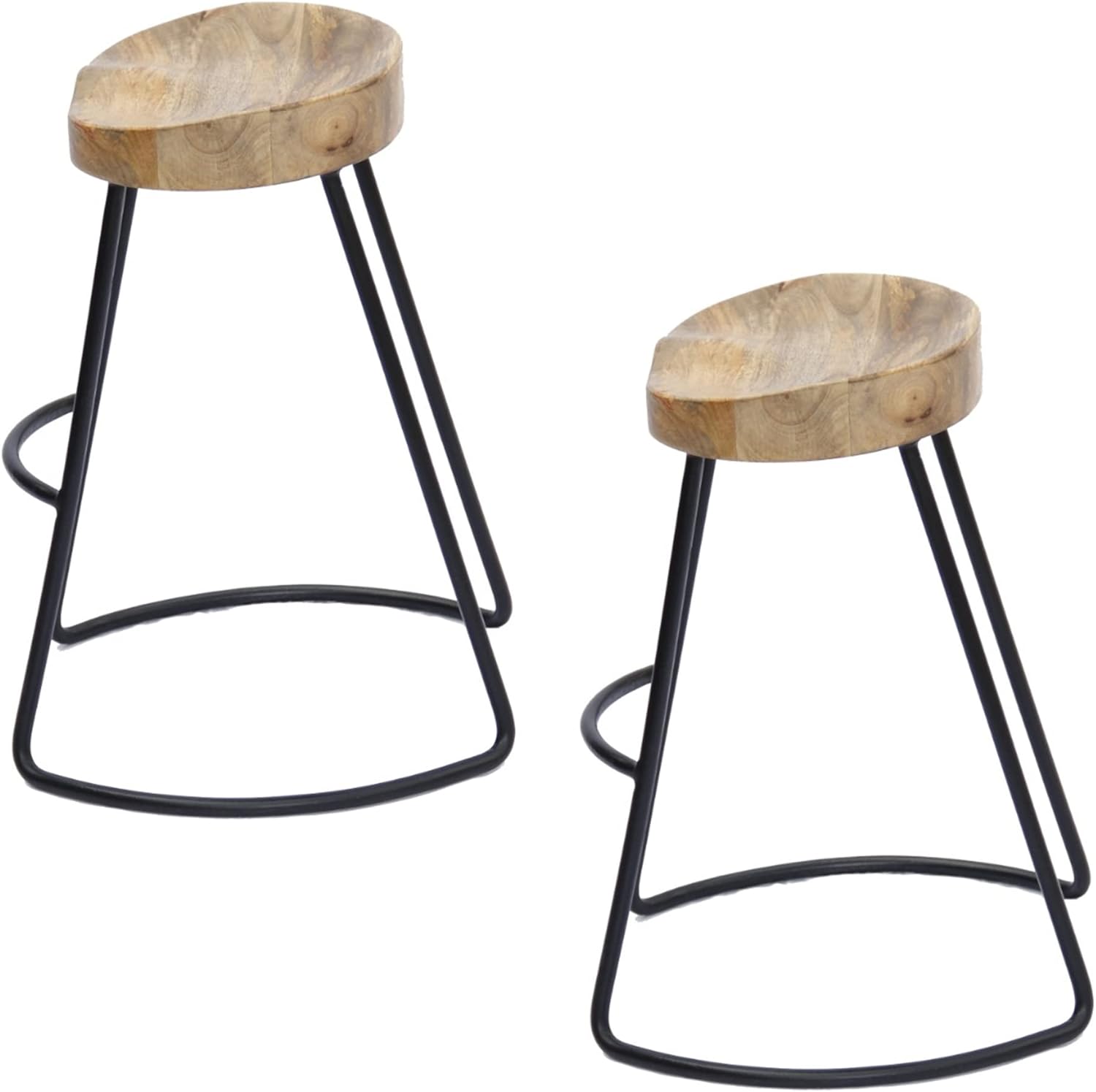 The Urban Port Ela 30-Inch Mango Wood Industrial Barstool, Saddle Seat, Iron Frame, Set of 2, Natural Brown and Black