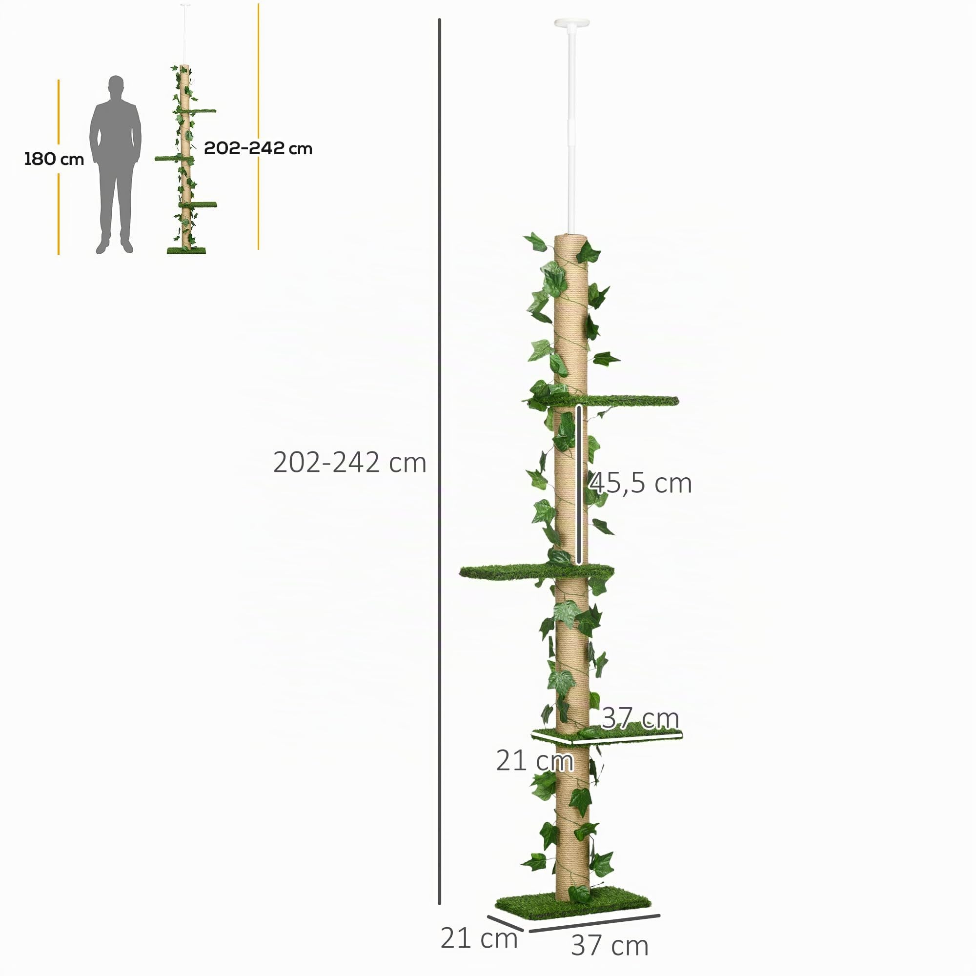 PawHut Arbre à Chat Poteau à griffer Fixation Plafond Hauteur réglable 37 x 21 x 202-242 cm 4 Niveaux - Gazon et Feuilles artificiels Vert