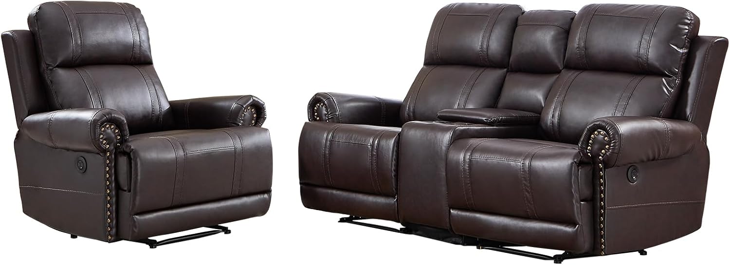 EBELLO Faux Leather Electric Reclining Sofa Set, Power Recliner Three Seats Sofa Set, a Chair and a Loveseat Sofa with USB and Type-C Charging Ports, Vintage Rivet Design for Small Living Room, Brown