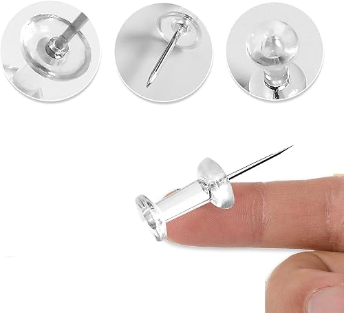 Miniatura 5 de Alfileres de empuje de 200 unidades, tachuelas de empuje, pasadores de empuje, cabeza de plástico transparente, punta de acero, puntas de acero