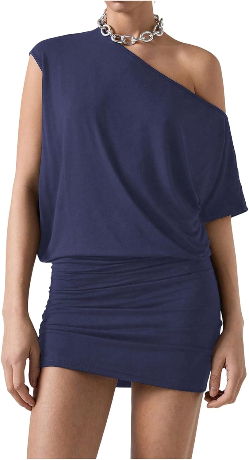 SOLY HUX Women's Off The Shoulder Mini Dress Asymmetrical Neck Short Sleeve Casual Bodycon T Shirt Dresses