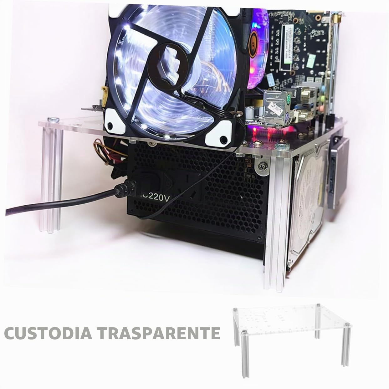 Uonlytech Staffa Per Case Pc Aperto Matx, Supporto Telaio Computer Robusto e Ventilato, Base Trasparente Per Banco Di Desktop, Facile Installazione Per Appassionati Fai-da-te