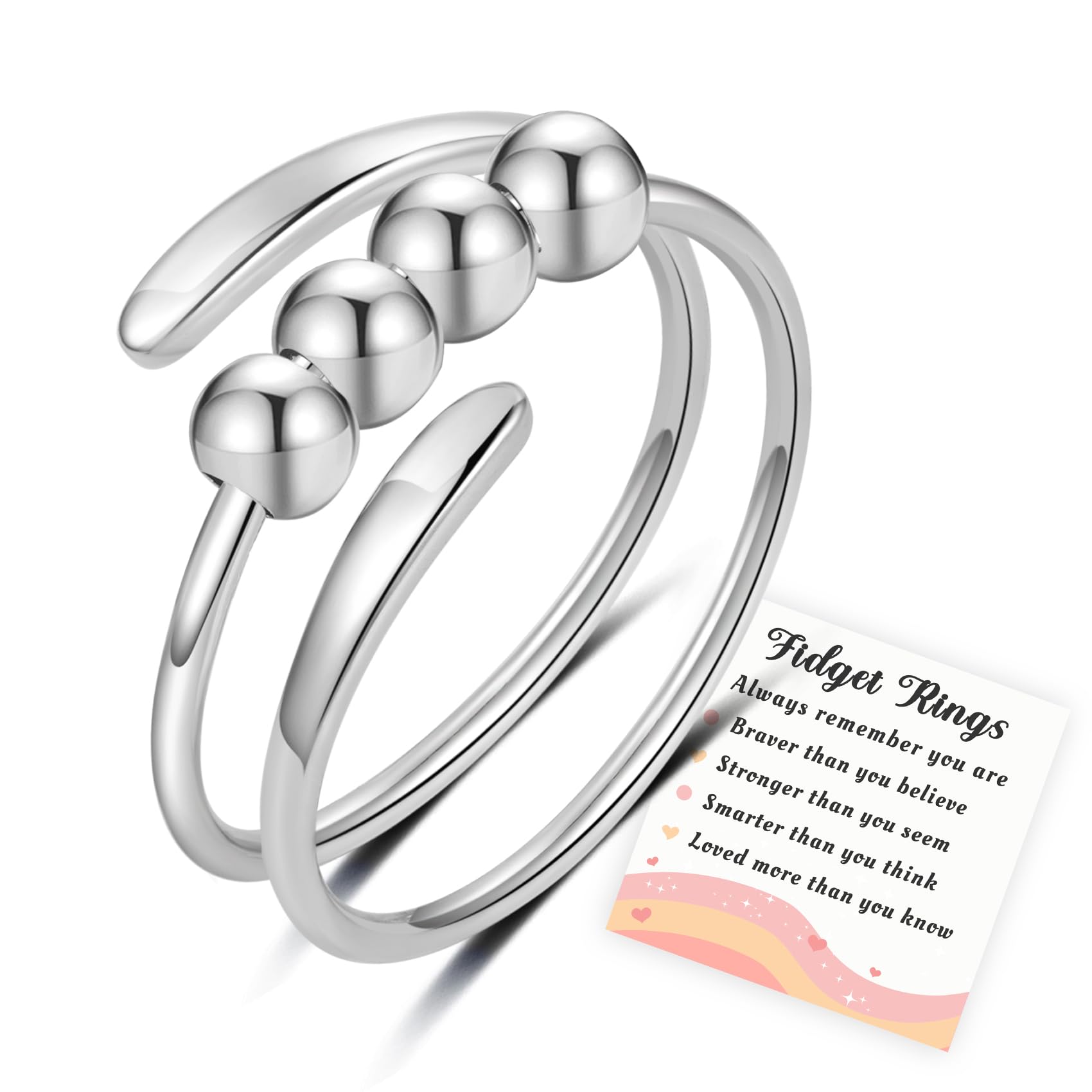 Senteria Anxiety Rings for Women 925 Sterling Silver Rings Adjustable Stress Spinner Ring with Beads Fidget Ring for Anxiety Women