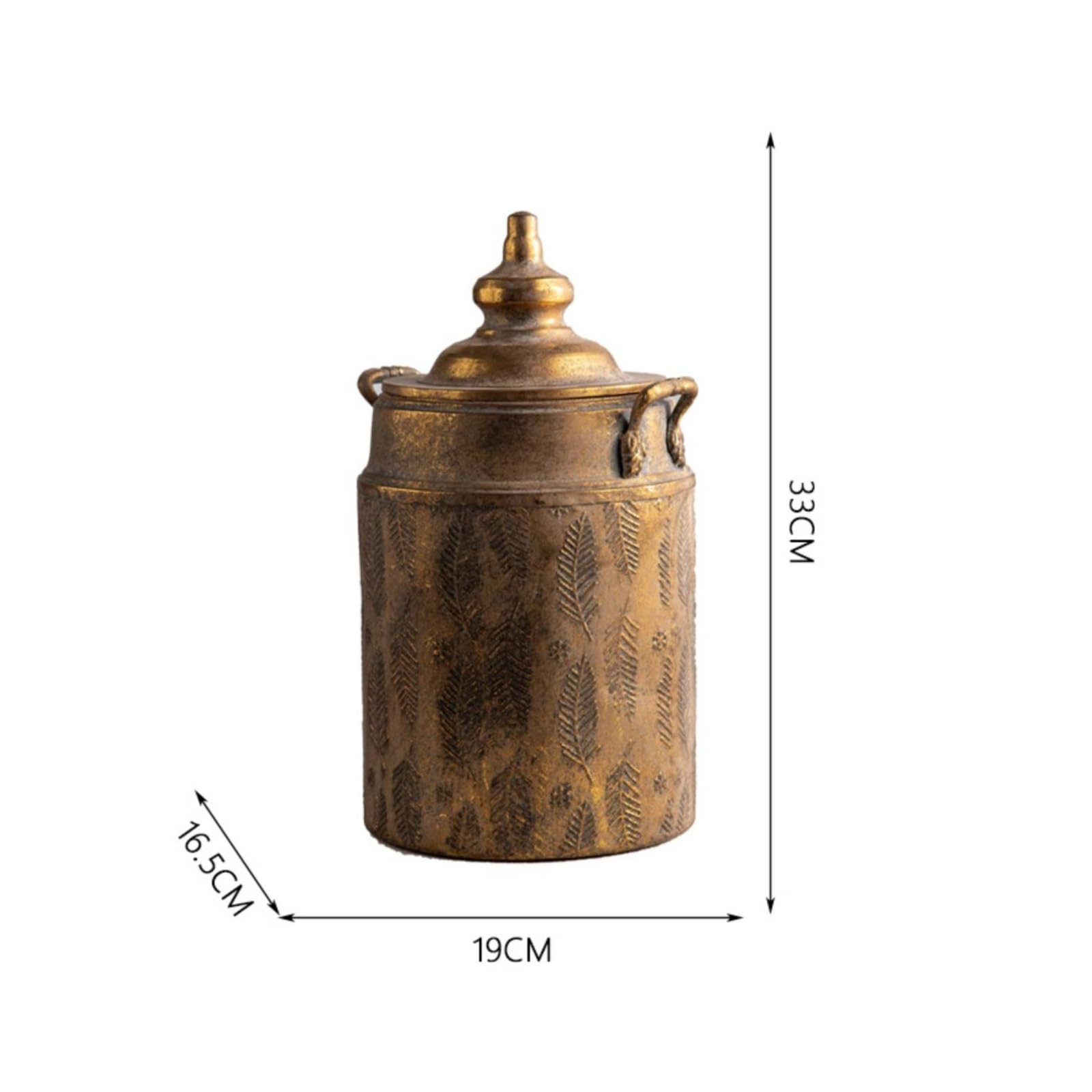 Vaso Decorativo in Metallo Vaso Ornamento Jarra Lidded con Coperchio Piccolo Decoro Foglia in Rilievo Manico Presa Laterale Antico Stile Country, A2836
