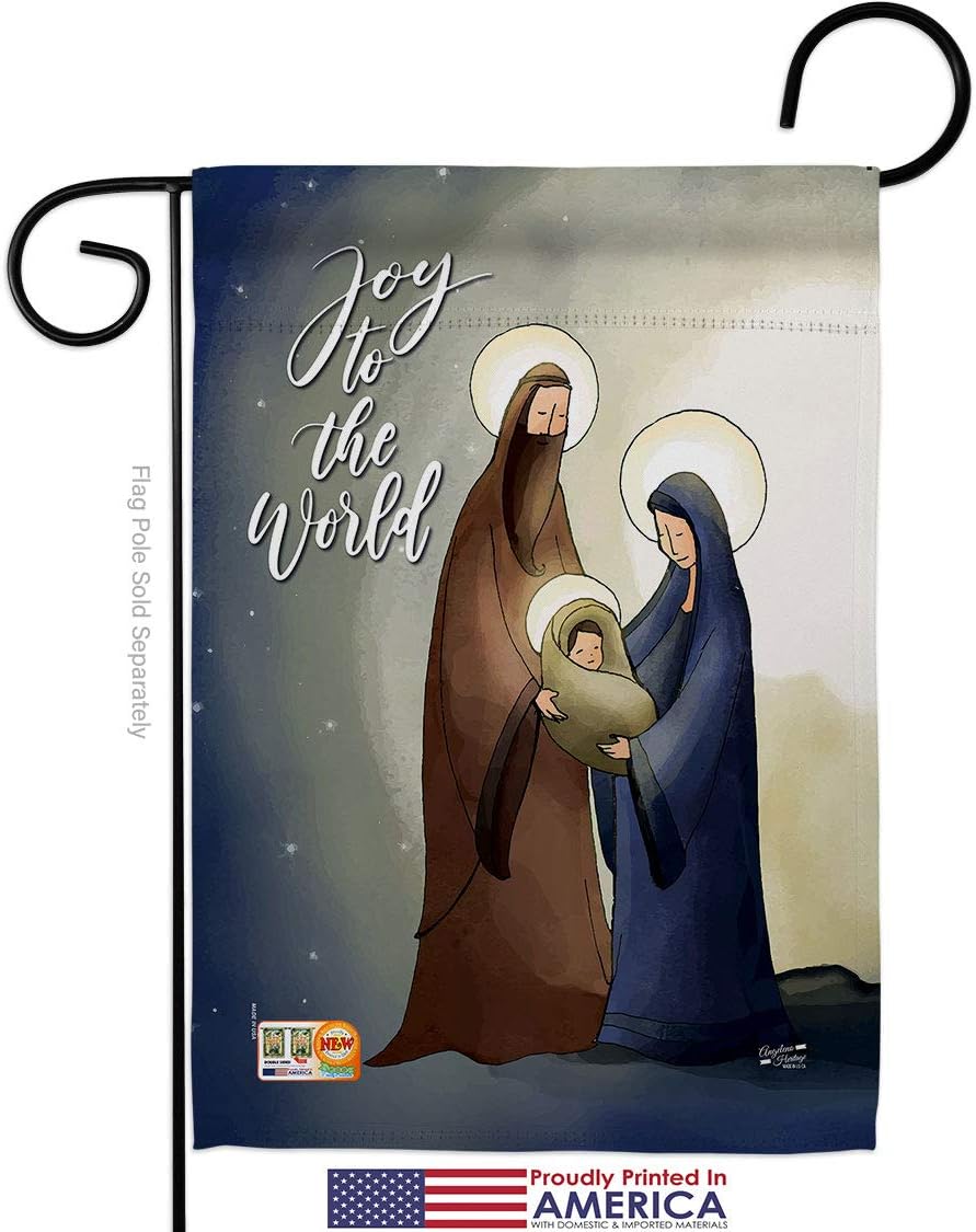 Joy To The World Garden Flag Set Wall Holder Wintertime Nativity Three King Religious Holy Family Season Christian Small Decorative Gift Yard House Banner Made In USA 13 X 18.5