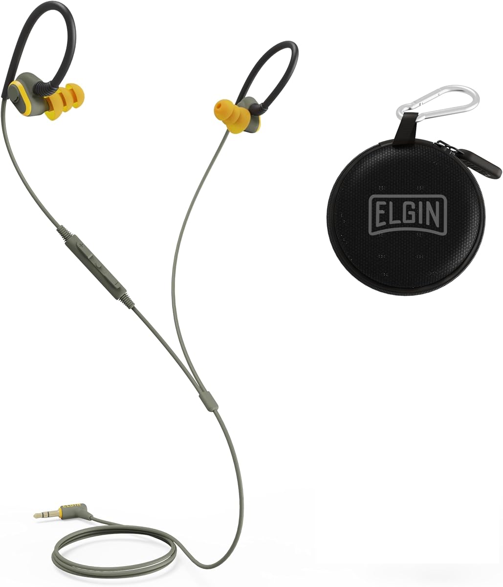 Elgin Rumble Auriculares con cable y micrófono, auriculares internos | Conector de 3,5 mm, NRR de 27 dB, Resistencia al agua IP67, Cumple con OSHA, Aislamiento de ruido, Protección auditiva, Seguridad en el trabajo
