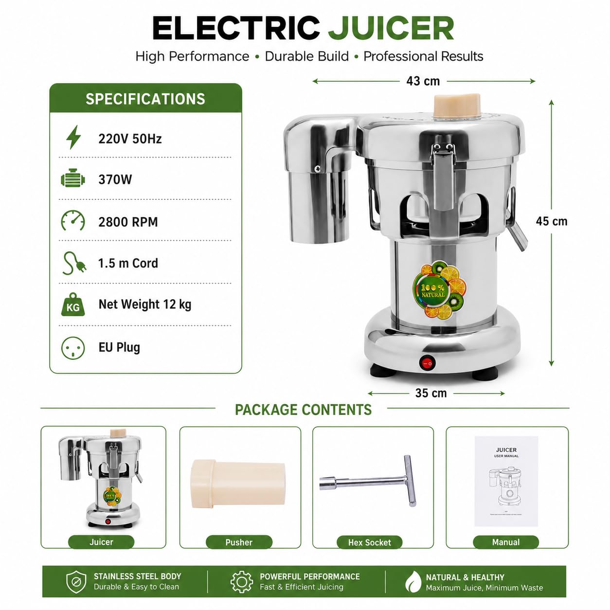 Exprimidor eléctrico para frutas y verduras 370 W | 2800r/min de acero inoxidable frutas y verduras Exprimidor eléctrico con barra de empuje | Juicer separador de jugo de escoria