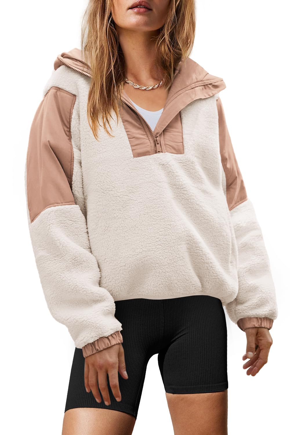 YanekopWomens Fuzzy Fleece Hoodie Sherpa Sweatshirt Quarter Zip Pullover Long Sleeve Outerwear with Pockets