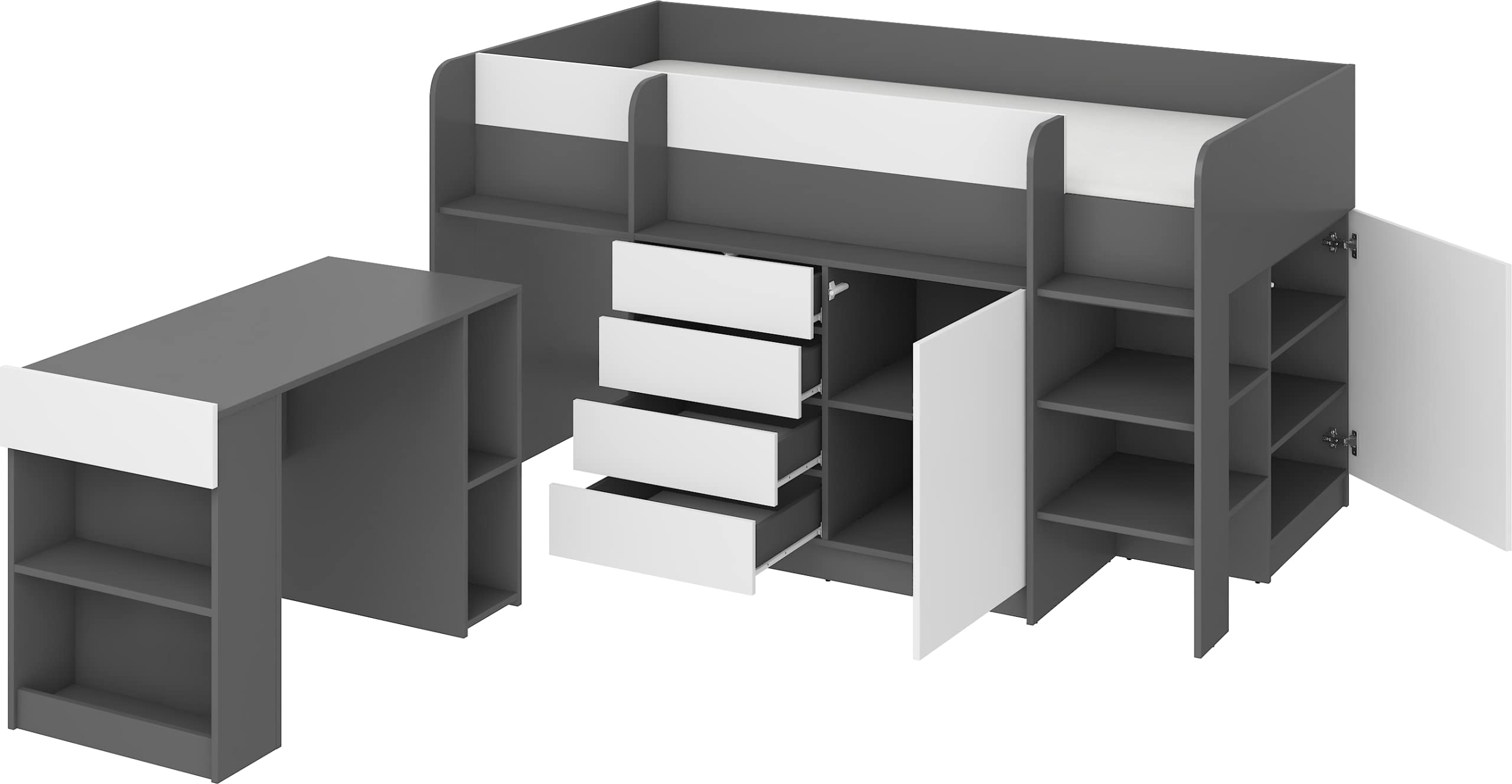 Lit Mi-Hauteur Enfant 90x200cm Avec Bureau Et Rangements - Lit Mezzanine Gain De Place - Blanc/Graphite - 7