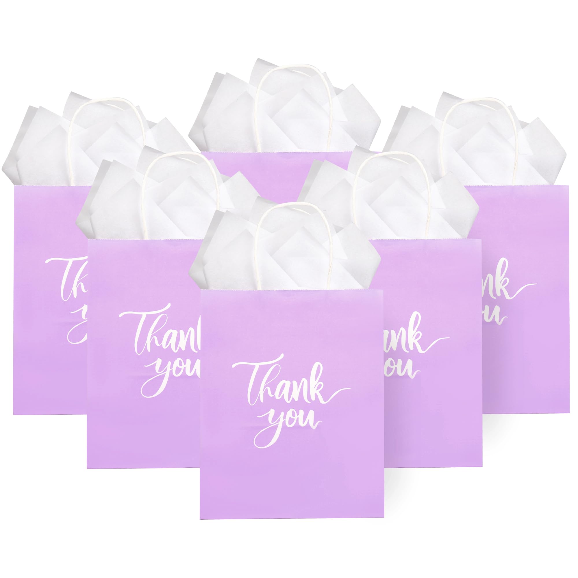 50 Pack Medium Sized Lavender Purple Gift Bags Thank You Paper Bags with Handles 10''x8''x4'' and 50 White Tissue Paper for Business, Wedding Baby