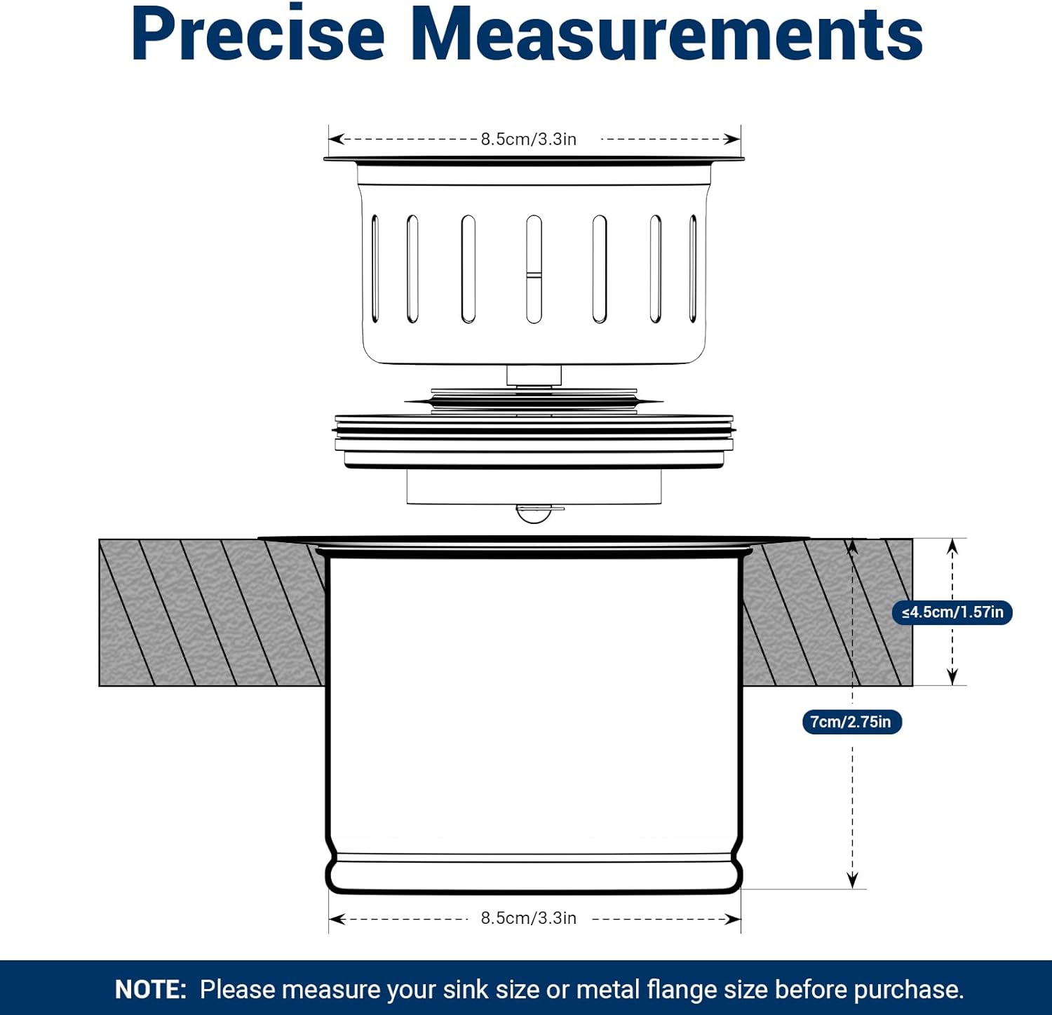 Kitchen Extended Garbage Disposal Flange Strainer Stainless Steel Kit with Basket Strainer and Drain Stopper for 3 1/2 Inch Standard Sink Drain, Deep Sink Flange for Disposer, Brushed Stainless