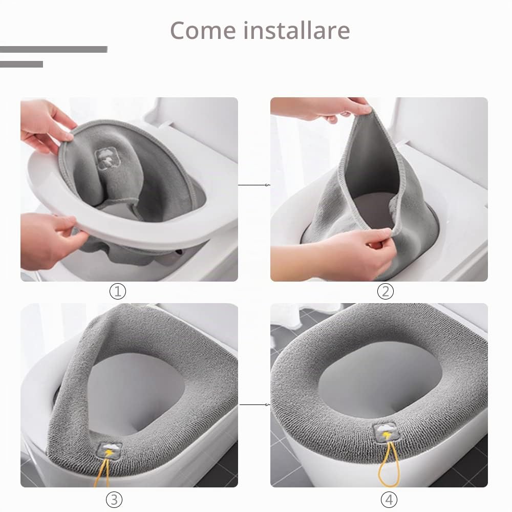 4 Pezzi Cuscino WC Universale, Cuscino per Sedile WC, Copriwater in Tessuto, Copriwater Tappetino, con Anello di Fissaggio, Spessa e Morbida, Estensibili, Lavabile, per la Maggior Parte dei WC