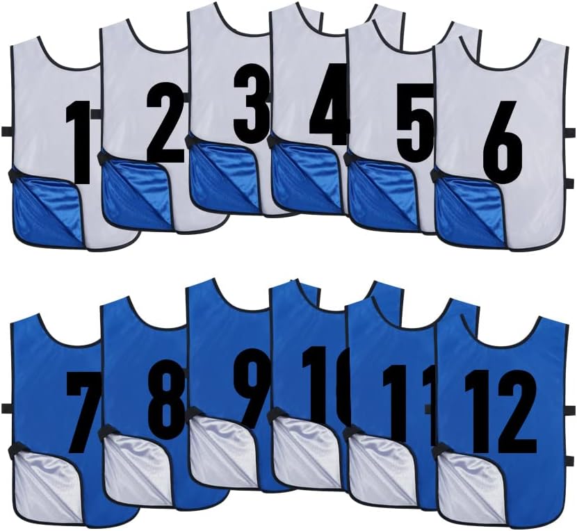 12 Pack Reversible Numbered Pinnies, Double Sided Scrimmage Vest,Team Practice Jerseys for Kids and Adult