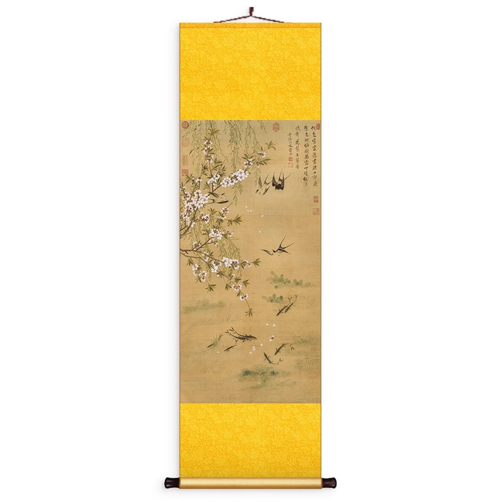 Elegante Cuadro De Pergamino, Hecho A Mano En Seda China, Decoración Feng Shui Para El Comedor, Listo Para Regalar(Yellow,158 * 50cm)