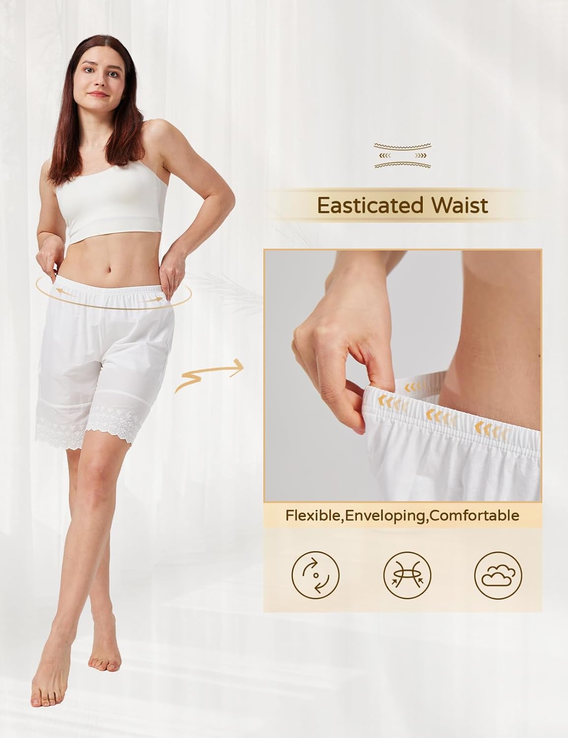 Women Cotton Pettipants for Under Dress Lace Embroidery Victorian Pajama Pants Elastic Waistline Ivory Beige - Image 5