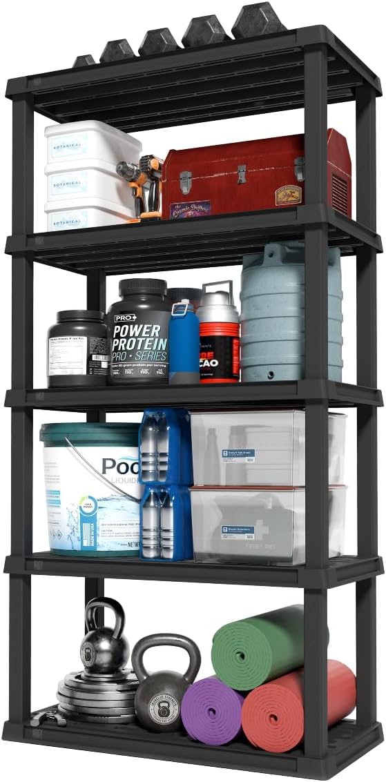 IRIS USA 5-Shelf Heavy Duty Plastic Storage Shelves, 750lb Capacity, 73" H x 36" W x 18" D, Large Modular Shelving Unit Storage Organizer for Garage, Home, Warehouse & Gym, Storage Rack - Black 5-Tier Heavy Duty