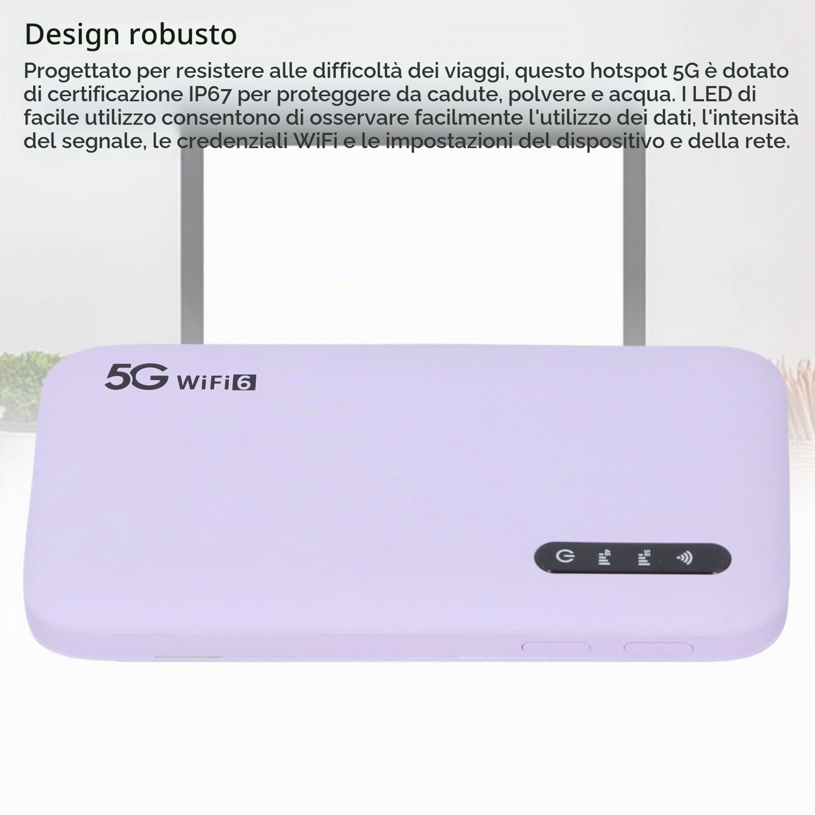 5G Mobile Hotspot WiFi 6 Travel Router con Batteria da 6100 MAh e Supporto Slot Nano SIM 16 Dispositivi 2,77 Gbps Speed IP67 Purple