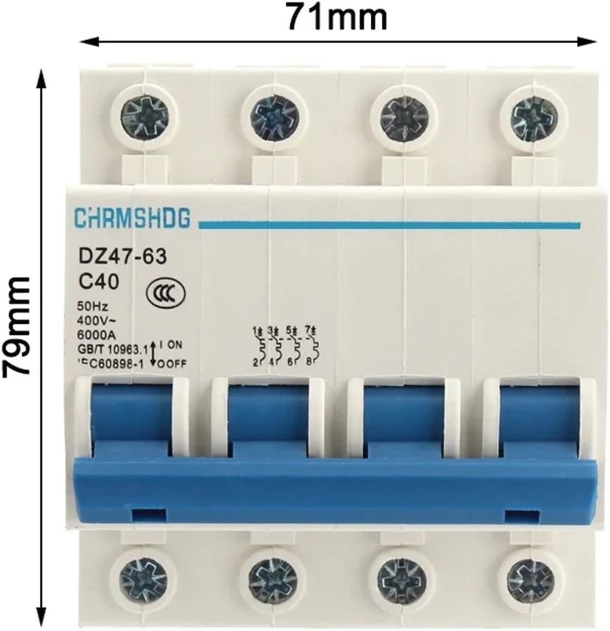 DZ47-63 4 Pole 6A/10A/16A/20A/25A/32A/40A/50A/63A 400V C Type Mini Circuit Breaker MCB 35mm Din Rail Mount Breaking Capacity 6KA(25A)