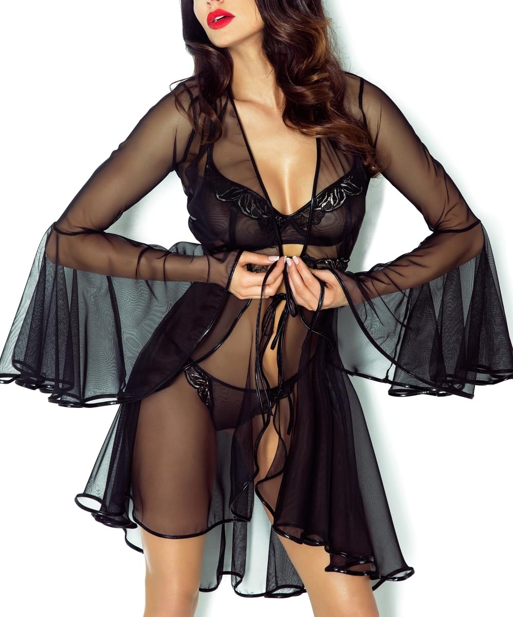 Schwarzer Damen Dessous Morgenmantel Kimono transparent zum binden aus Tüll und Spitze