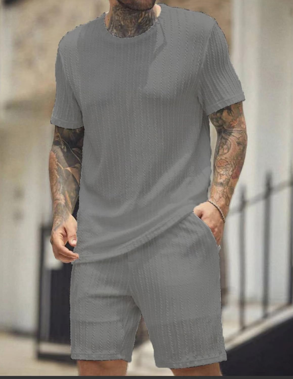 Trainingsanzug Herren Sommer 2 Teiliges Jogginganzug Herren Set Casual Kurzarm T-Shirts Kurze Hose Freizeitanzug