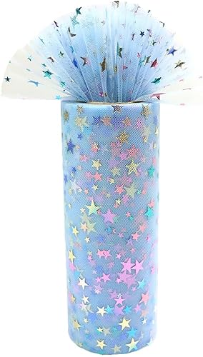 DADAXIE - Rollos de tul con purpurina de estrellas coloridas de 6 x 10 yardas (30 pies), cinta de tela de color azul brillante para mesa, silla,