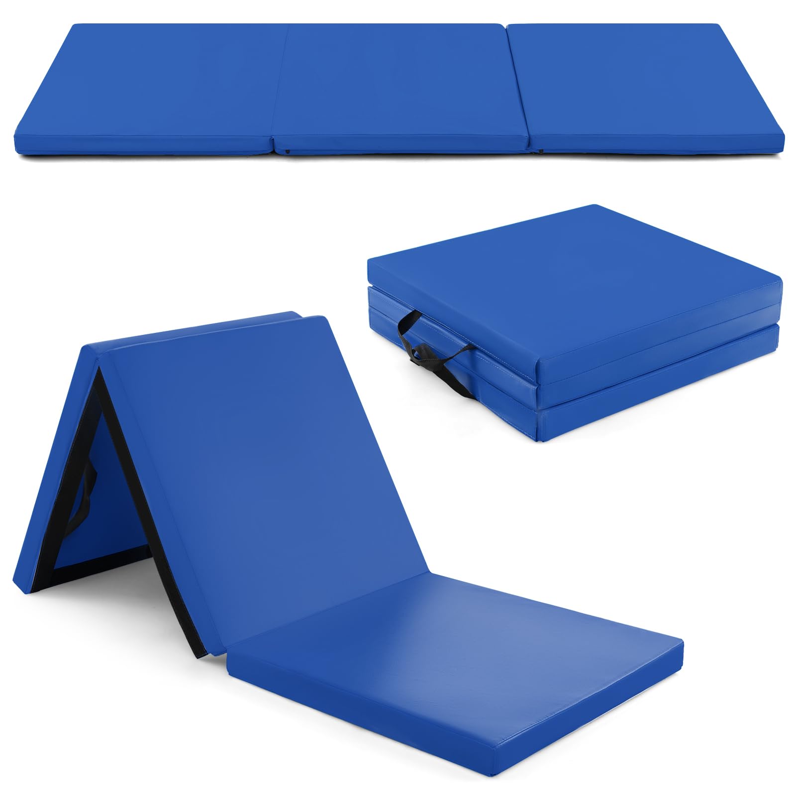 GYMAX Tapis de Gymnastique Épais Pliable 180x60x5cm, Combinaisonable avec Attache Auto-Agrippante, Housse en Simili Cuir, Portable avec Poignées de Transport, pour Yoga, Fitness, Étirement