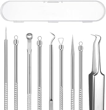 5PCS Blackhead Remover Comedone Extractor Kit | Professional Stainless Steel Tools for Pimple, Acne, and Blemish Removal - Curved Tweezers Included