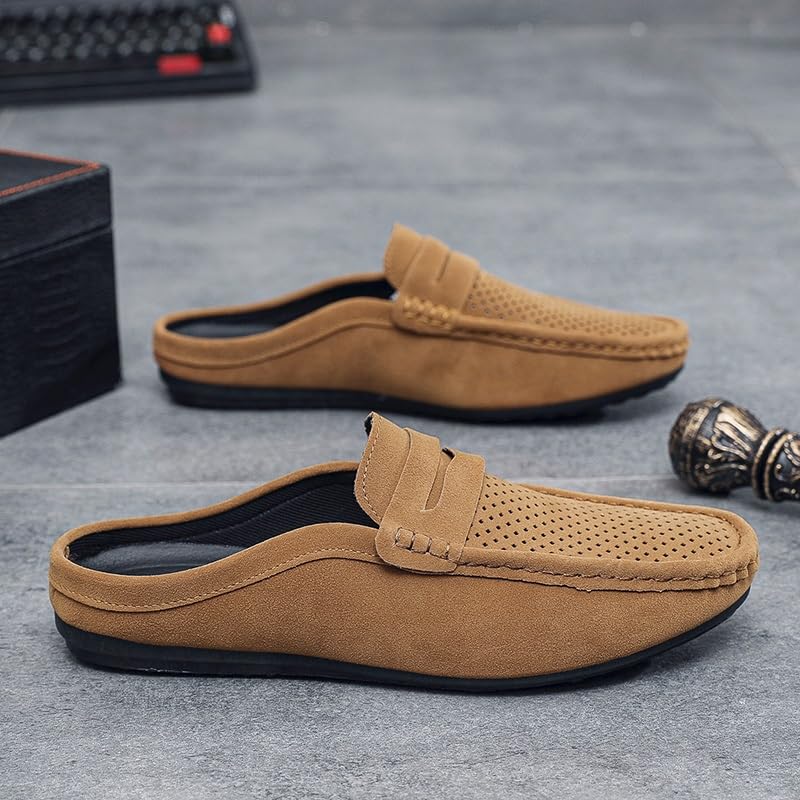 Mens Loafers Suede Vamp Perforated Half Penny Loafers Shoes Comfortable Anti-Slip Flexible Party Slip On2