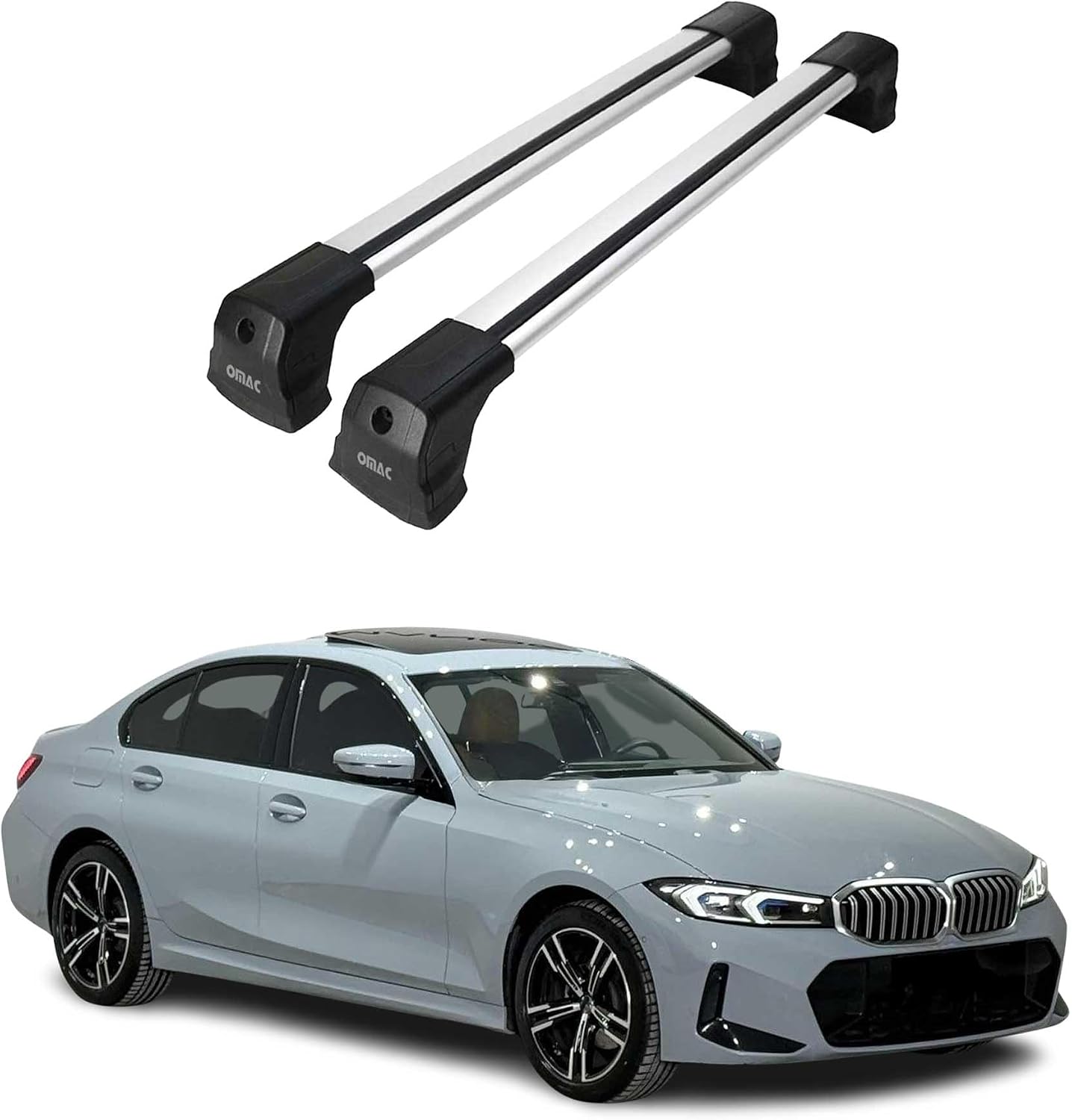 OMAC Roof Rack Cross Bars Compatible with BMW 3 Series G20 Sedan 2019-2026 / M3 G80 2021-2026 – 2 Pcs – Lockable – Aluminum Silver