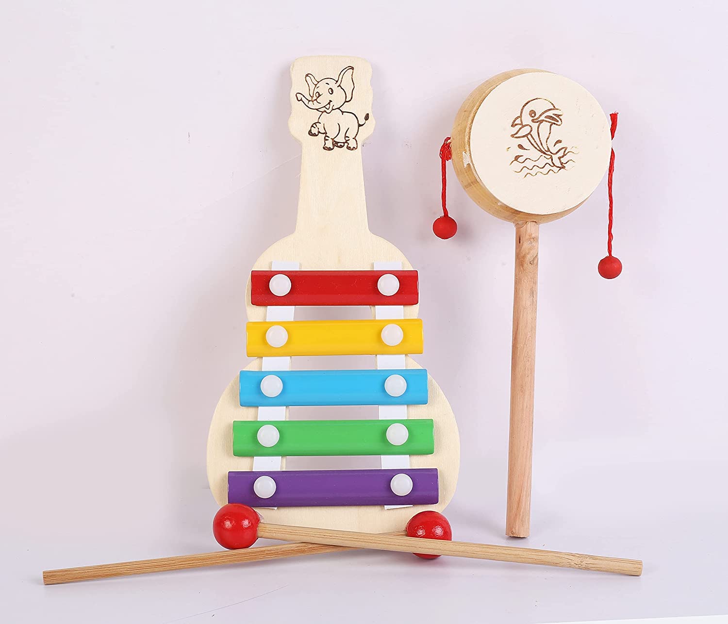 Channapatna Toys Wooden Xylophone & Damru Combo Rattle Toys for Kids ( 1 Year+) - 5 nodes - Multicolor - Discover Music | Xylophone Musical Toy for Babies/Kids
