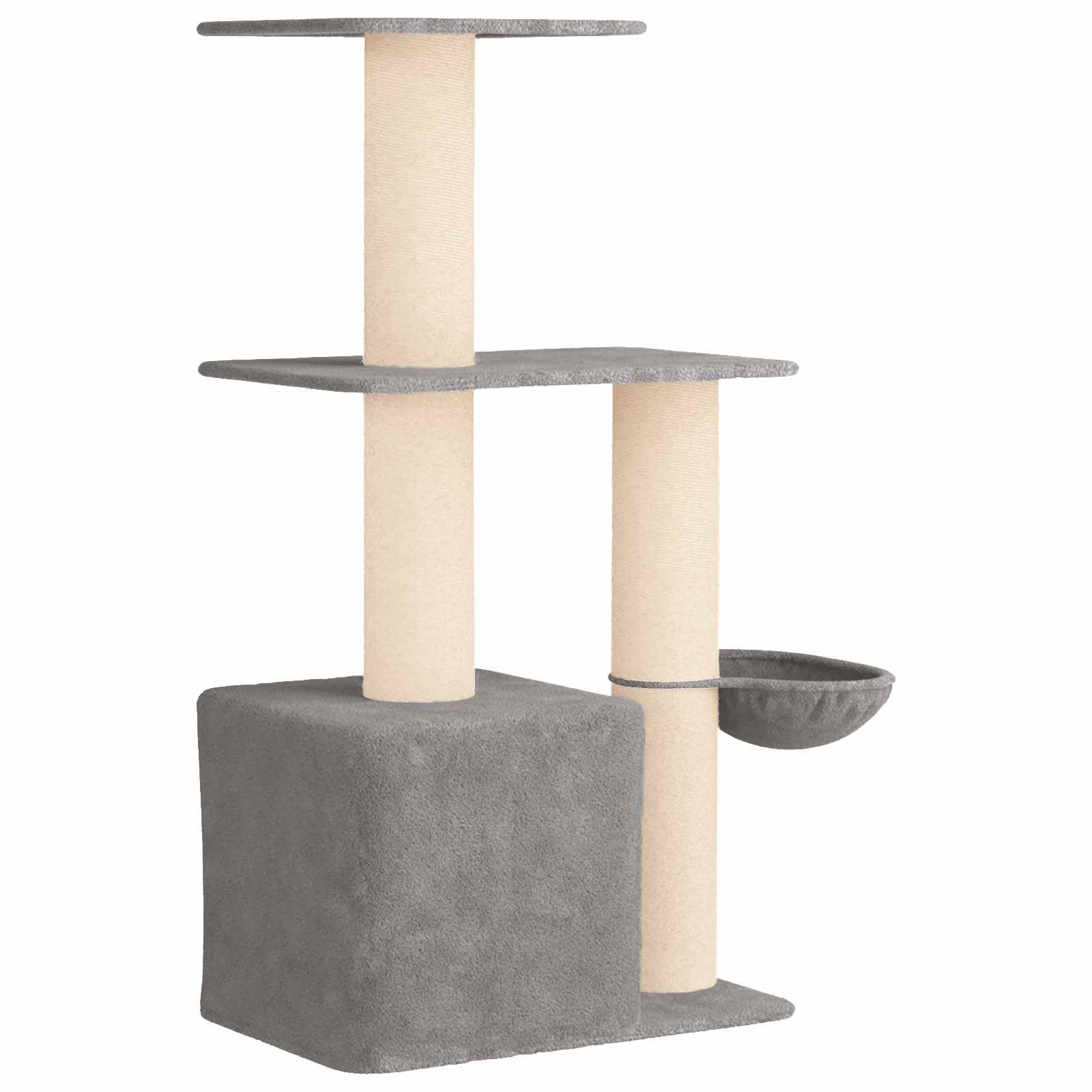 Kratzbaum Stabil mit Sisal-Kratzsäulen und Katzenhöhle - Mehrstöckiger Katzenbaum 133 cm hoch für Drinnen - Kletterbaum mit Plüsch und Holz für Katzen, Hellgrau