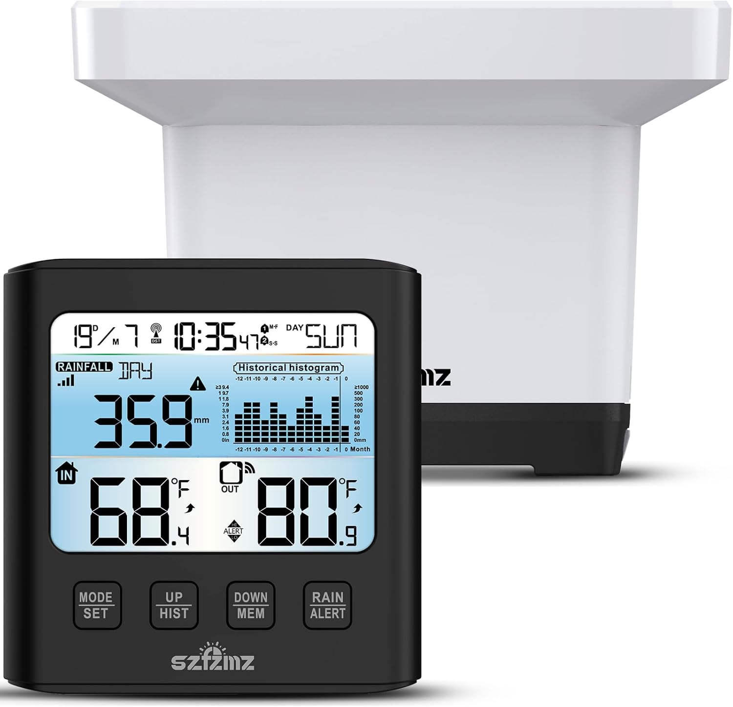 Wireless Rain Gauge Outdoor with Self-Emptying, Backlight, Thermometer, Rain Collector Monitoring Rainfall, Digital Rain Gauge for Yard, Electronic Rain Measure Gauge, Freeze Proof Rainfall Measurer