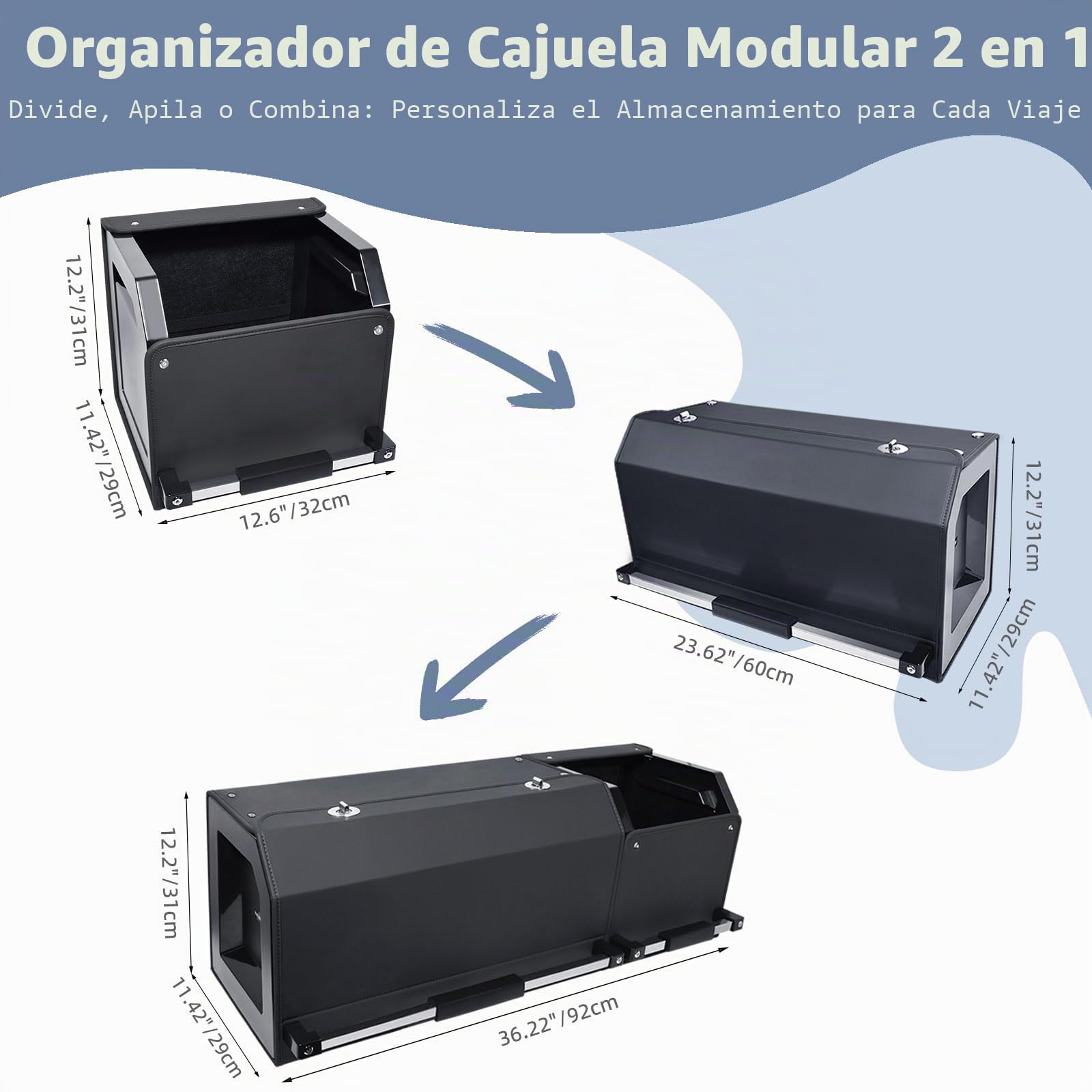 Organizador para Maletero de Coche con Tapa | Caja de Almacenamiento Modular 2 en 1 (con Subcajas) | Tamaño XXL | Asa Estable y Piel NAPPA Resistente | Marco ABS (Negro, 92x29x31cm)