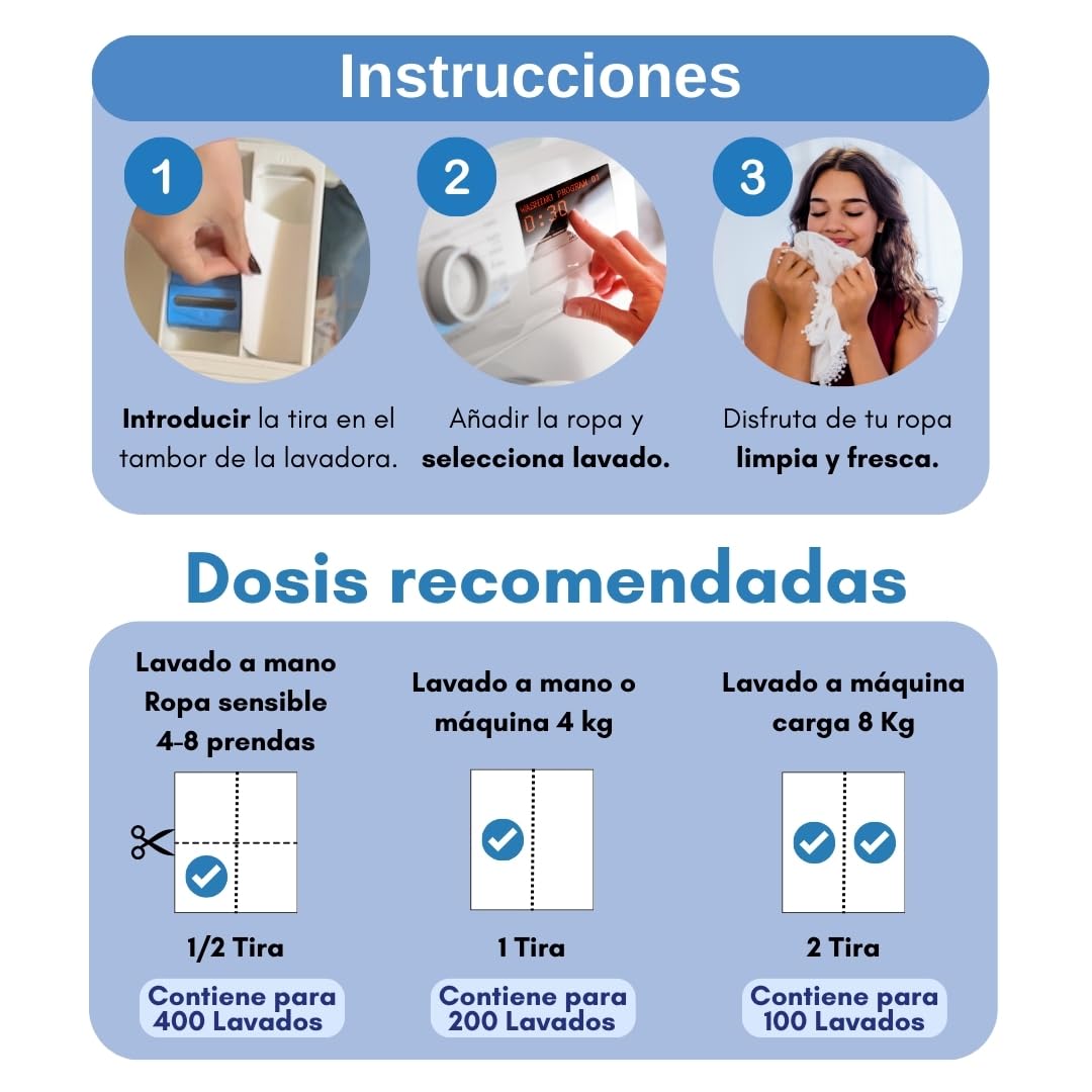 Detergente en Tiras para Lavadora (Máximo 400 Lavados) - Efecto Suavizante, Ecológico, Hipoalergénico, Vegano y Cruelty Free - Pack de 5 Unidades - (Fragancia Fresca)