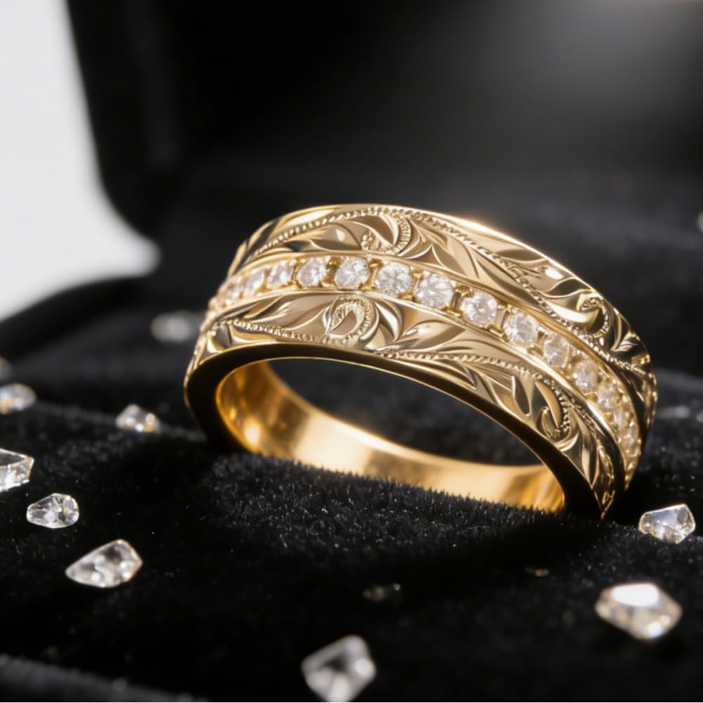 Cubic Zirconia Rings For Women, Gold Ring Engraved Non Tarnish Stackable Diamond Eternity Band Wedding Engagement Statement Jewelry Gift