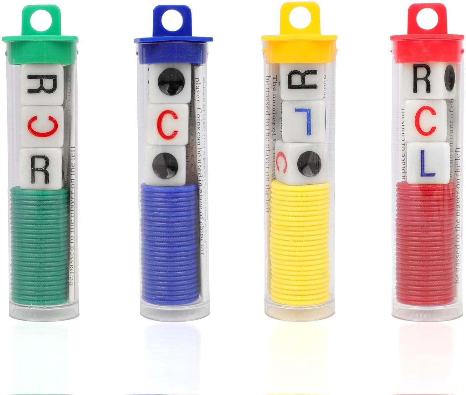 TERRIFI Game Dice Set, 4 Tubes Left Center Right Interactive Toy 6 Sided Round Corner Dice Set Fun LCR Four Color Game Dice with Dice Place Plastic Counters for Classic Dice Game for Kids and Adults