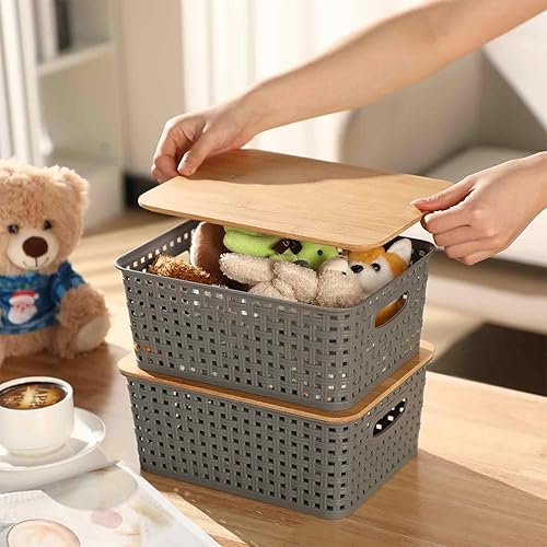 Miniatura 5 de Paquete de 4 cestas de almacenamiento de plástico con tapa de bambú, contenedores de almacenamiento con tapa para estantes, cajones, escritorio,
