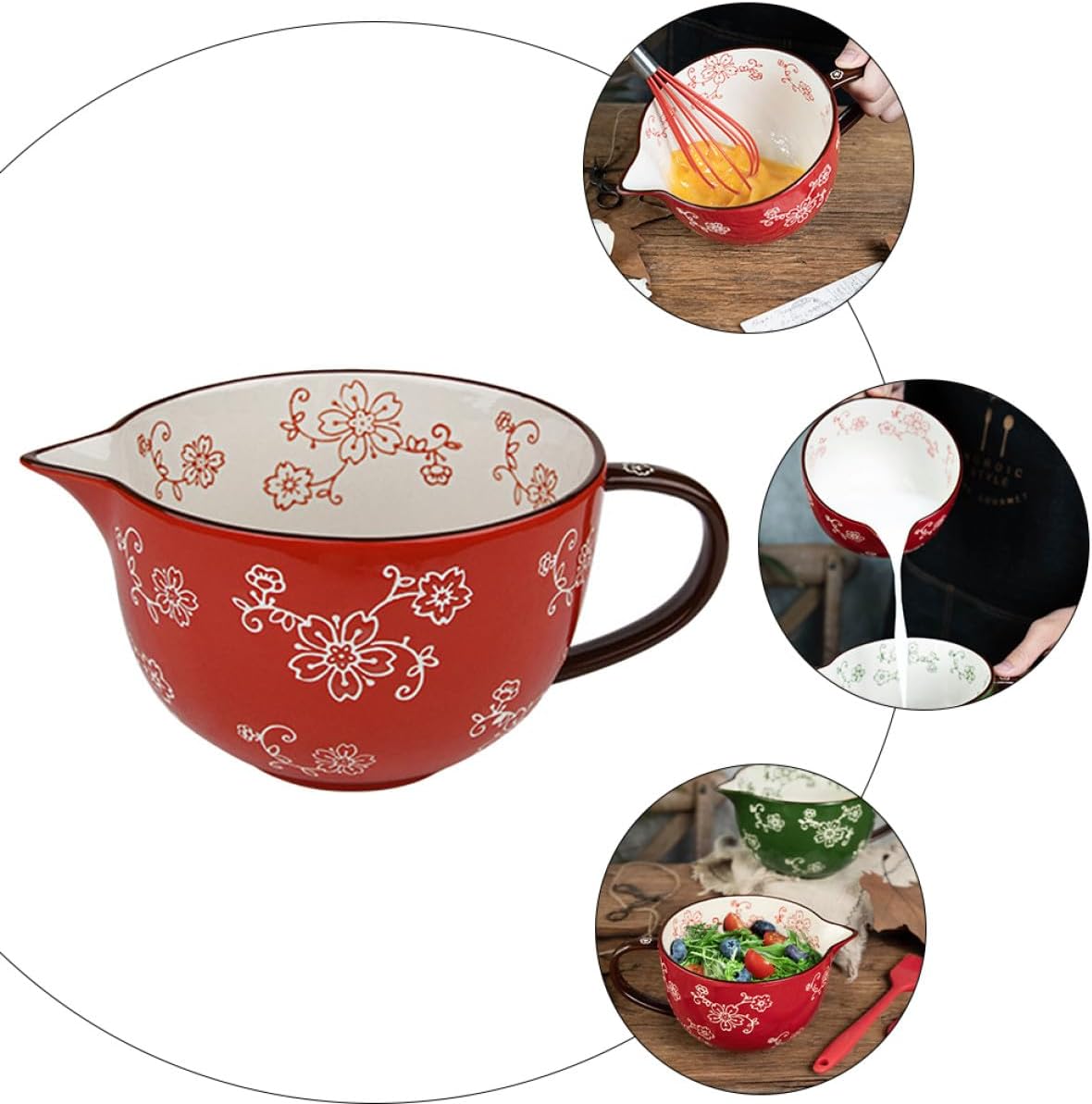 Ceramic Mixing Bowl with Pour Spout and Handle, Mixing Holder Kitchen Food Serving Bowl for Home Cooking and Baking